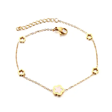Cherry Blossom Charm Bracelet with White Shell Flower, 18K Gold Plated Stainless Steel Floral Jewelry (19+3cm)
