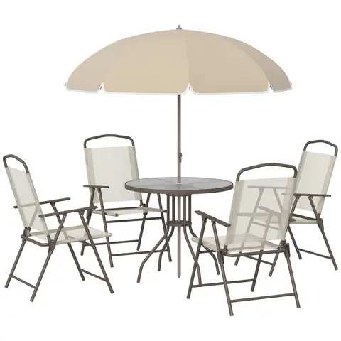 Outsunny Garden Dining Table and Chairs, Outdoor Furniture Folding Chairs, Table and Parasol 6pc