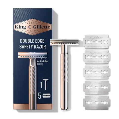 King C. Gillette Safety Razor, Chrome Plated Handle with 5 Platinum Coated Double Edge Blade Refills, 1 Set