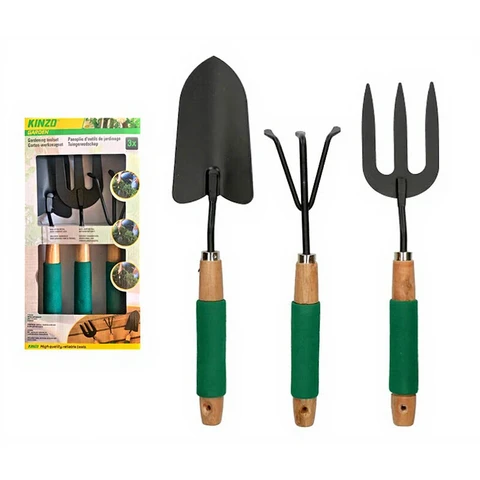 Kinzo 3-teiliges Garten-Set mit Handrechen, Gabel und Handschaufel, Metall mit Holzgriff und Softgriff, Antihaftbeschichtung