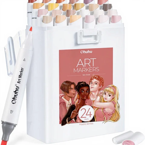 Ohuhu Skin Tone Art Marker Set - Slim Double Tipped, 24 Colors, for Professional Illustration and Fashion Design
