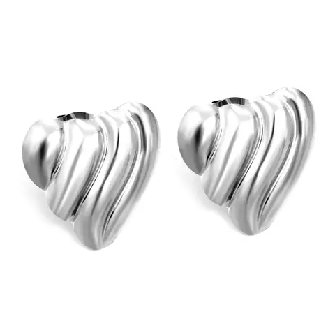 Silver Tone Polished Textured Heart Stud Earrings, 23.4mm Ribbed Surgical Steel Heart Studs