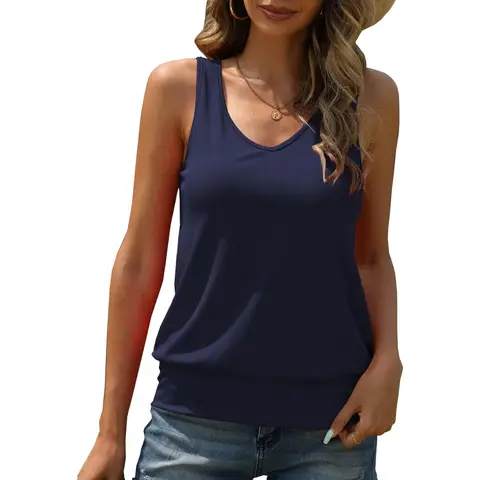 Women V Neck Tank Tops Summer Ribbed Sleeveless Casual Tops Loose fit Banded Bottom Shirts (darkblue， S)