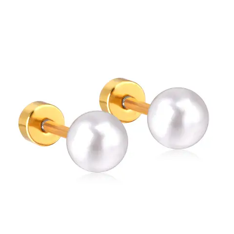 Stainless Steel Pearl Screw Back Earrings - 18K PVD Gold Plated 5/6mm White Faux Pearl Studs, Hypoallergenic Jewelry