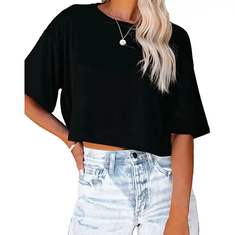 Women Half Sleeve Cropped T-Shirts Drop Shoulder Round Neck Crop Tops Casual Summer Solid Color Basic Tees (Black, XL)