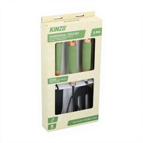 Kinzo 3-teiliges Gartenwerkzeug-Set Handrechen Grabegabel Handschaufel Metall mit Holz Soft-Grip Antihaftbeschichtung