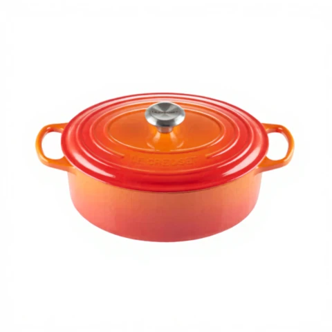 Le Creuset Signature Gusseisen-Bräter mit Deckel, oval, Durchmesser 29 cm, geeignet für alle Herdarten und Induktion, Volumen: 4,7 l, 4,675 kg, Vulkanglanz (Orange-Rot)