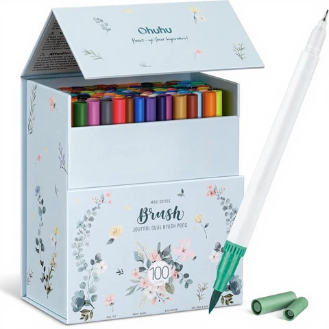 Ohuhu Maui Dual Tip Brush Pens - 100 Color Art Markers Set with Fineliner, Includes White Storage Case