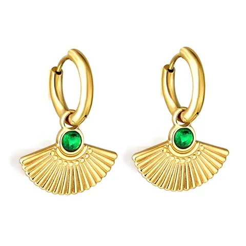 18K Gold Plated Fan Shaped Dangle Earrings with Green Zirconia, Art Deco Stainless Steel Huggies