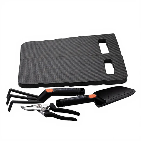 BLACK+DECKER Gartenwerkzeug-Set 4-tlg. - Kniekissen, Astscheren, Schaufel und Kralle - 13 mm