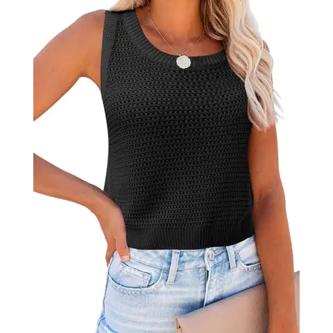 Women's Summer Knit Sweater Tank Tops Round Neck Crochet Hollow Out Sleeveless Casual Crop Shirt (Black, S)