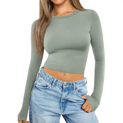 Women Crop Tops Long Sleeve Ribbed Slim fit Workout Cropped Tee Y2K Short T-Shirts (lightgreen， S)
