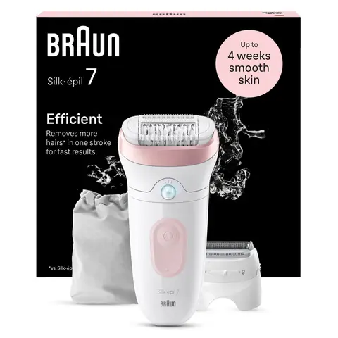 Braun Silk-épil 7 SE-7-030, Wet & Dry Use Epilator For Easy Hair Removal, Lasting Smooth Skin, White/Flamingo
