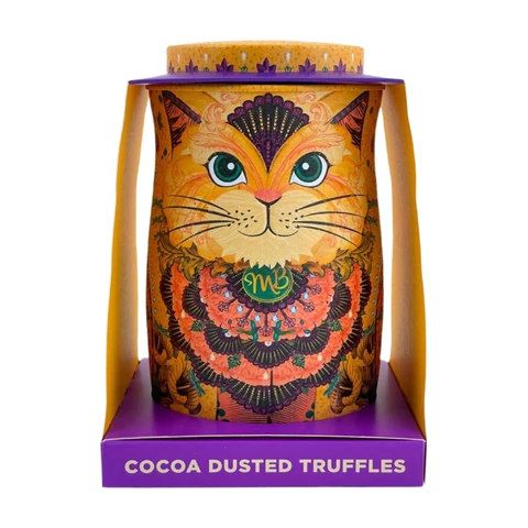 Monty Bojangles Savanna Gold Cat Tin with Flutter Scotch Cocoa Dusted Truffles 135g