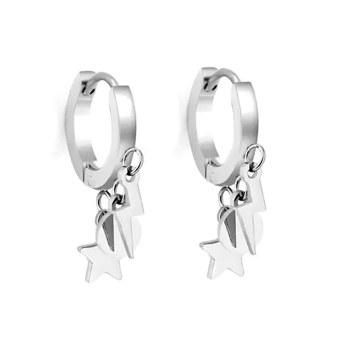 Stainless Steel Triple Charm Hoop Earrings, Star Circle and Lightning Bolt Dangle Huggies