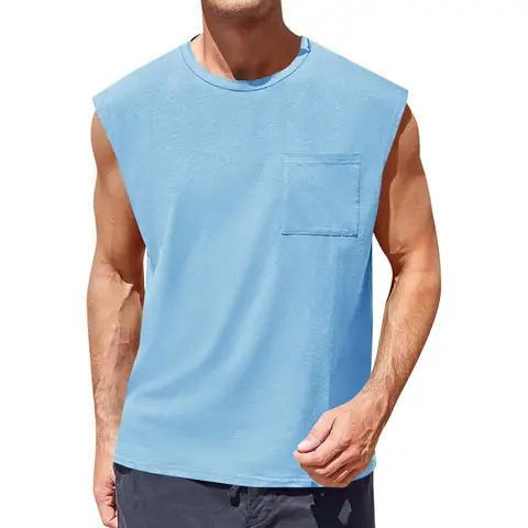 Men's Sleeveless Tank Tops Workout Cut Off Shirts MUSCLE Gym T Shirts with Pocket (blue， L)
