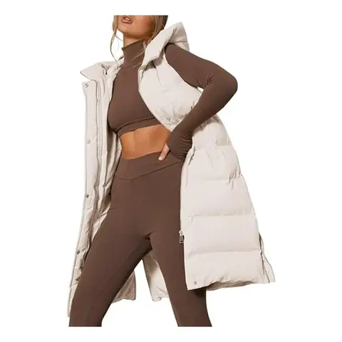 Women's Down Vest with Stand Collar Thick Hooded Sleeveless Long Coats Jacket (beige, M)