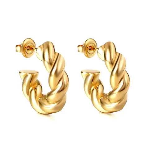 Gold Tone Chunky Twisted Rope C-Shape Hoop Earrings, Textured Stainless Steel Open Hoops