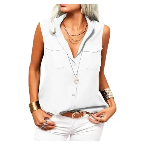 Women's Solid Lapel Sleeveless Tank Tops Summer Button Down Shirts Office Ladies Shirts (white, S)