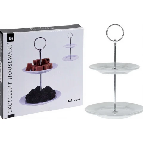 Excellent Houseware Présentoir à gâteaux rond à 2 étages en céramique blanche 21,5 cm