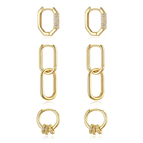 Ever Faith 3Pair Hoop Earrings Set Cubic Zircon Chain Huggie Earring