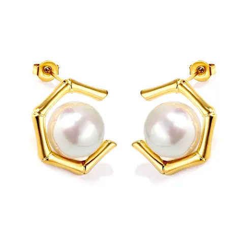 Gold Tone Pentagonal Pearl Stud Earrings, Geometric Stainless Steel Frame with White Pearl