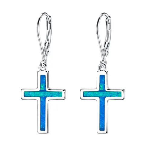 Ever Faith Cross Dangle Leverback Earrings with Created Opal Minimalist Church Style