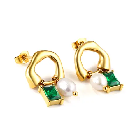 Gold Tone Open Hoop Earrings with Emerald Green CZ and Pearl, Geometric Dangle Studs