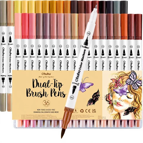 Ohuhu Skin Tone Coloring Pens - Dual Tip, 36 Colors, Art Markers Set for Calligraphy and Sketching