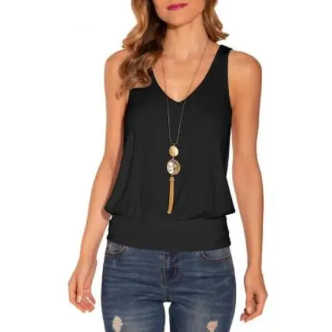 Women V Neck Tank Tops Summer Ribbed Sleeveless Casual Tops Loose fit Banded Bottom Shirts (black， L)