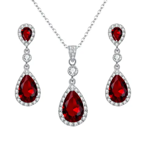Ever Faith Red Cubic Zirconia Infinity Teardrop Pendant Necklace and Dangle Earrings Set