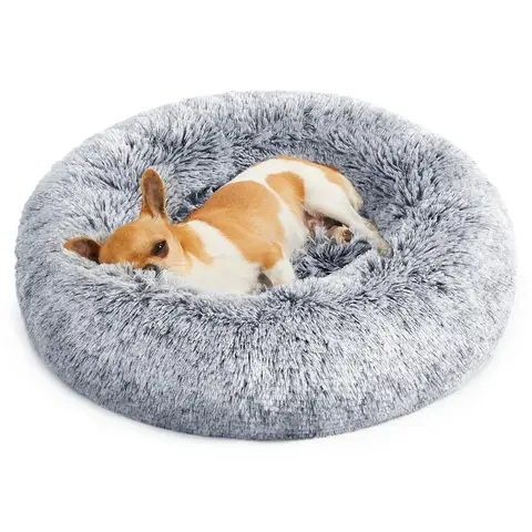 Feandrea Fluffy Dog Bed, Cat Bed, Doughnut Cushion, 50x50x20cm, Grey