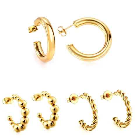 18K PVD Gold Stainless Steel Chunky C-Shape Hoop Earrings, Hollow Geometric Open Hoop Jewelry Set