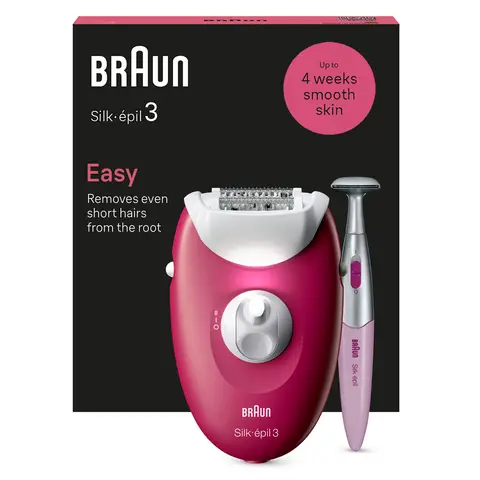 Braun Silk-épil 3 3-202, Corded Epilator For Hair Removal, Weeks Of Smooth Skin, Rasberry