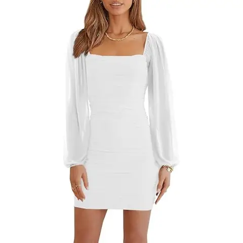 Women's Mesh Long Sleeve Dress Square Neck Ruched Mini Bodycon Dress Stretch Party Cocktail Dresses (White, XS)