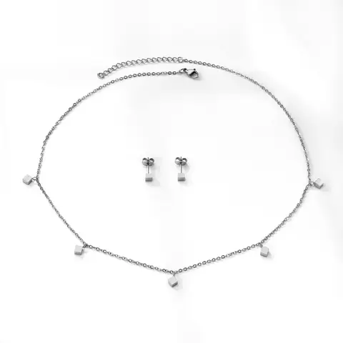 Silver Tone Stainless Steel Square Station Jewelry Set, 5-Piece Minimalist Geometric Set