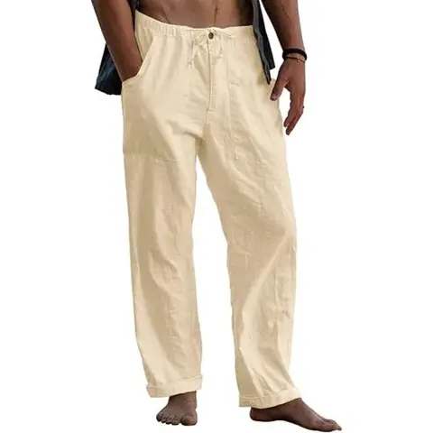 Men's Linen Trousers, Long Wide Summer Trousers, Drawstring Yoga Pants with Pockets, Airy Sun Protection Beach Trousers (beige, L)