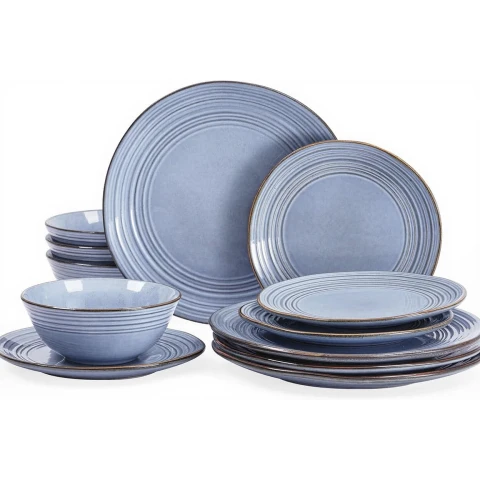 Richmount Twilight Serie Geschirrset - 12-teiliges Keramikset für 4 Personen - Enthält Essteller/Salatteller/Müslischalen - Spülmaschinen- und Mikrowellengeeignet - Blau
