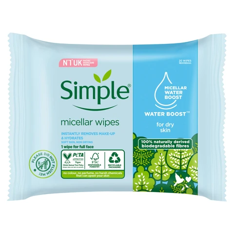 Simple Kind to Skin Micellar Cleansing Wipes Water Boost 20 Wipes