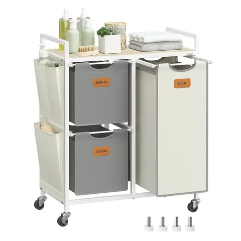 VASAGLE Laundry Basket, with 3 Compartments,  68.6x33x80.5cm, Dove Grey and Cream White