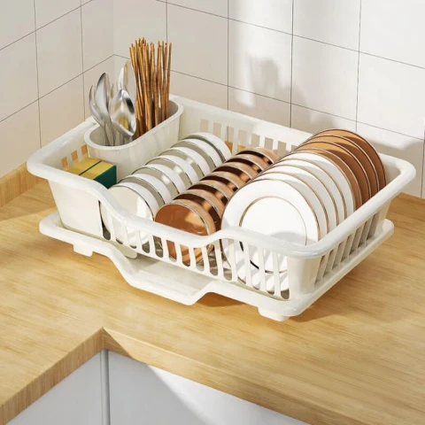 J.ZAO Japanese-Style Dish Rack with Drainage, Kitchen Fruit and Vegetable Drainer Basket, Plastic Cutting Board, Chopstick Holder, Knife Rack, Large Capacity, White