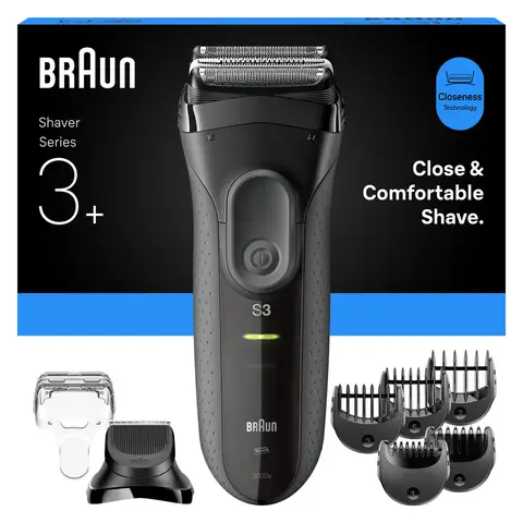 Braun Series 3+ 3000BT Wet & Dry Electric Shaver for Men - 3 Flexible Blades - Beard Trimmer Attachment - Black