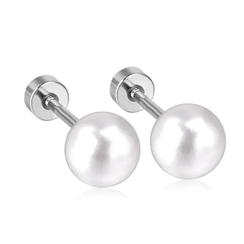 Large White Pearl Screw Back Earrings - 7/8mm Stainless Steel Silver Tone Studs, Hypoallergenic Everyday Jewelry