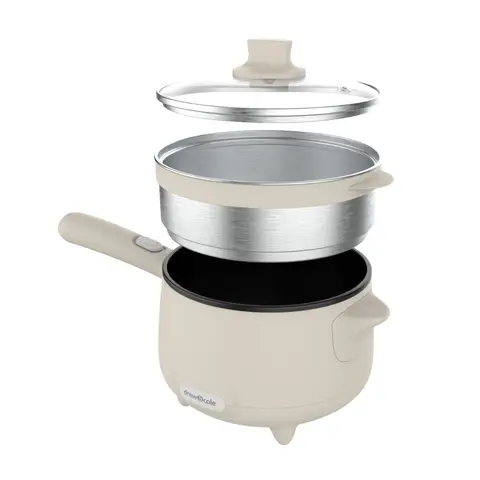 Drew&Cole Cleverpot Cooking Pot - Cream, 1.2L, 600W, Compact, Portable, Serves Up to 3 People, With Glass Lid & Steam Basket