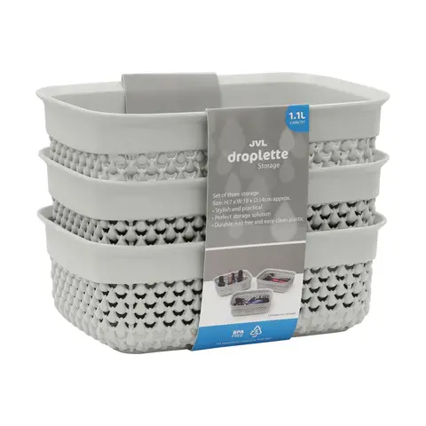 JVL Droplette Design Rectangular Plastic Storage Baskets - Set of 3, Ice Grey