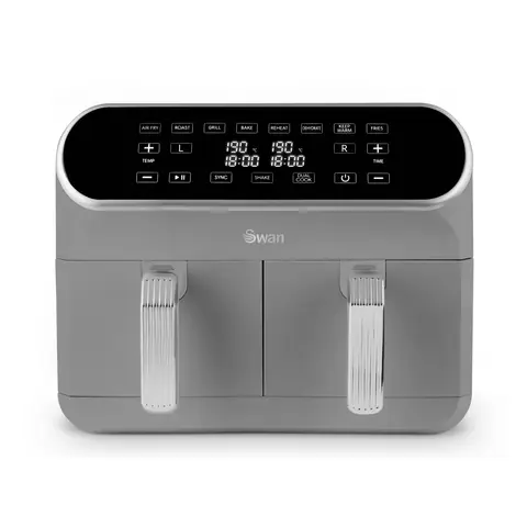 Swan Retro Dual Basket Air Fryer with Swan Cyclone Technology - Grey, 8L, 1700W, LED Display, 8 Pre-Set Cooking Options - Air fry/ Roast/ Broil/ Bake/ Reheat/ Dehydrate/ Keep Warm/ French Fries, Adjustable Temperature, SD10519GR
