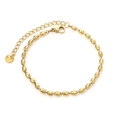 18K Gold Plated Wheat Bead Chain Bracelet, 3.2mm x 5mm Stainless Steel Oval Bead Link Jewelry (17+5cm)