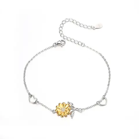 Ever Faith Sunflower and Double Love Heart Charm Hypoallergenic Adjustable Link Bracelet