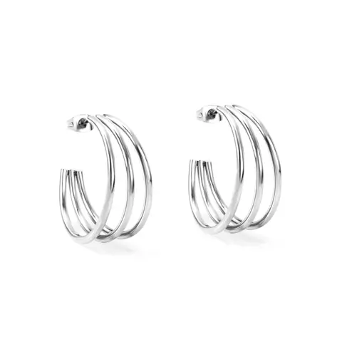 Silver Tone Stainless Steel Triple Line C-Shape Hoop Earrings, Minimalist Geometric Open Hoops