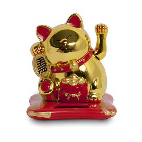 Zonne-energie geluks kat H10.5cm, tafel & auto decoratie Gouden Klassieker